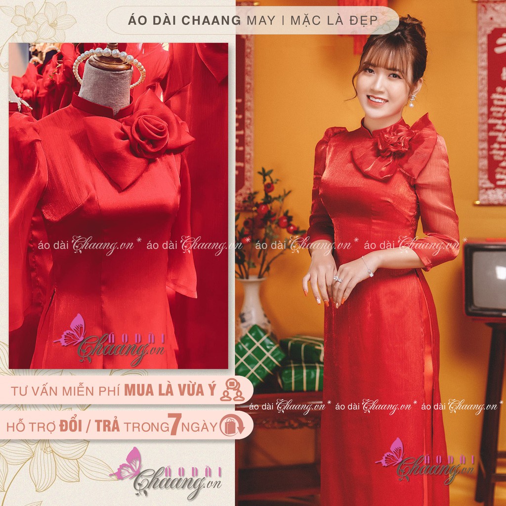 Áo dài tết đính hoa nơ CHAANG may áo 4 tà lửng, cổ vuông tay bồng lỡ, vải lụa xước kim tuyến đẹp