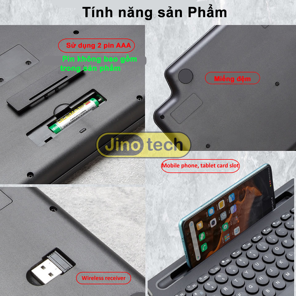 Bàn phím không dây 2 chế độ bluetooth và 2.4GHZ JINOTECH BK569s cho máy tính, điện thoại, table, PC , bàn phím văn phòng