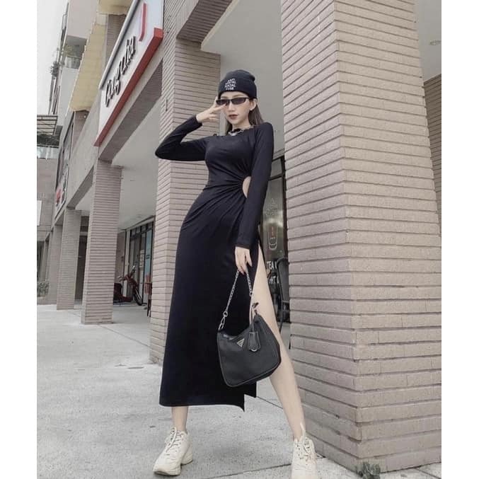 Đầm thun đen khoét eo rút dây dáng dài sexy quyến rũ