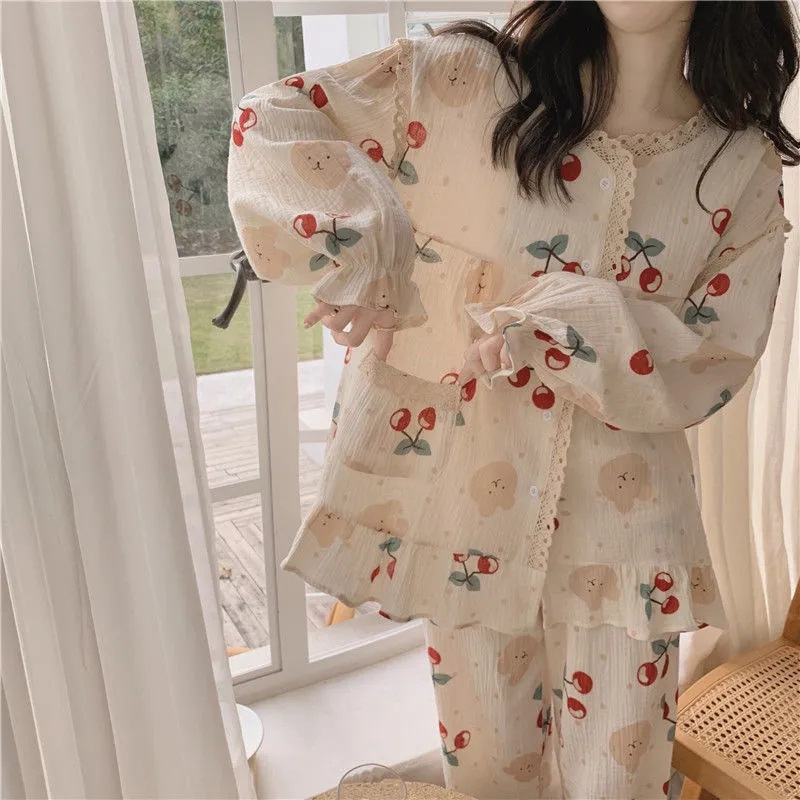 🌸🌸Bộ đồ ngủ Pyjama mềm mại cổ tròn nhiều nút đầu gấu cherry🌸🌸