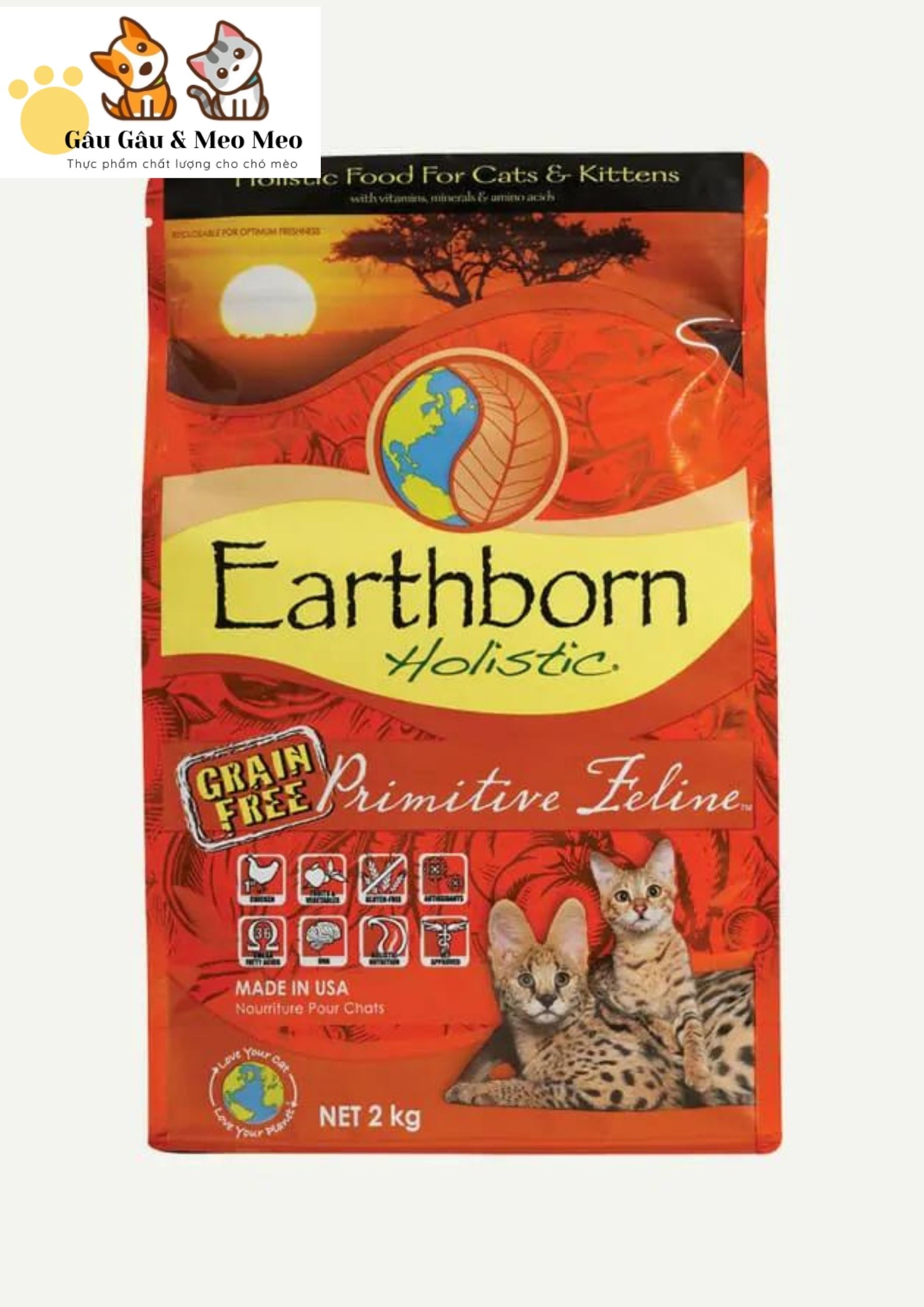 [Bao 2kg nguyên seal] Thức ăn mèo EARTHBORN từ Mỹ (Grain free)