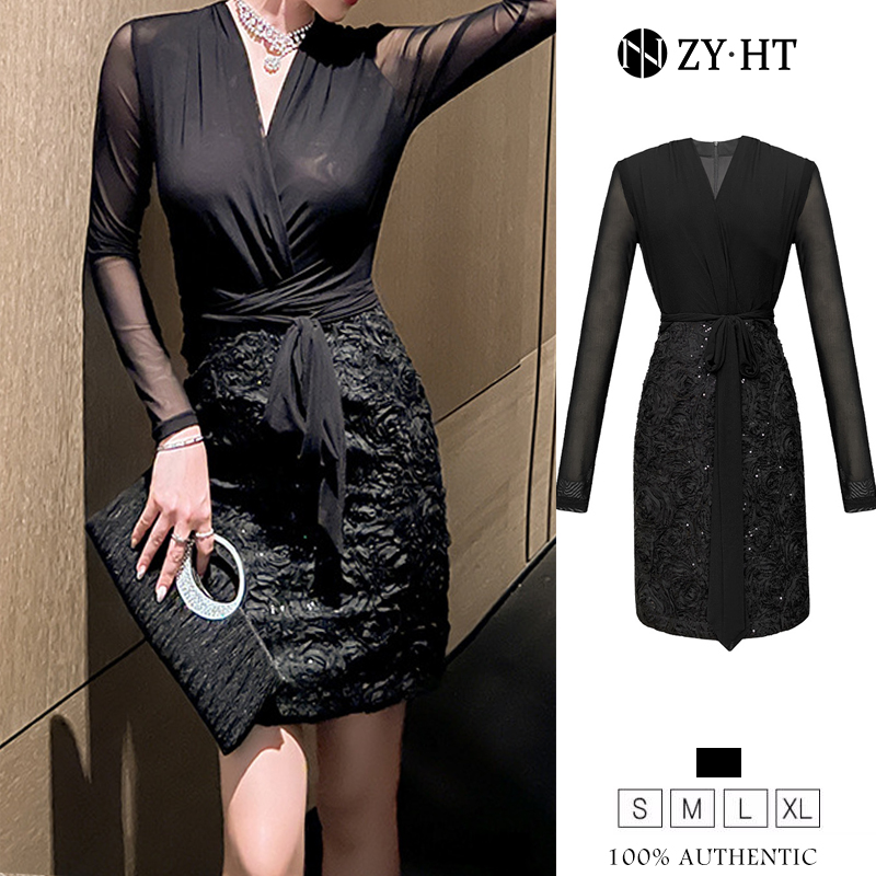 ZYHT eravogue đầm body váy hoa ba chiều màu đen sequins khâu lưới Cổ chữ V gợi cảm chân váy 20162