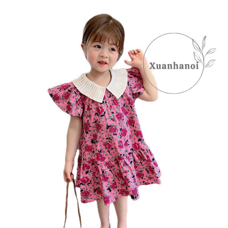 Váy bé gái hoa hồng tím cổ trắng dập ly LZD1001
