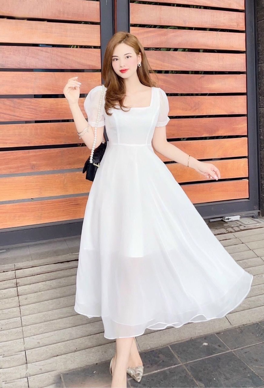Đầm váy trắng form dài nơ sau