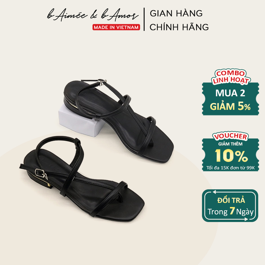 Sandal nữ xỏ ngón cao gót đế vuông viền vàng 2p quai chéo mảnh mũi vuông