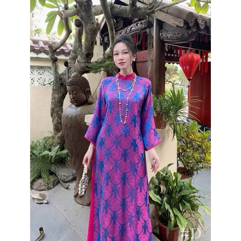 Áo dài cách tân gấm tơ mềm phối màu cổ tay dáng suông