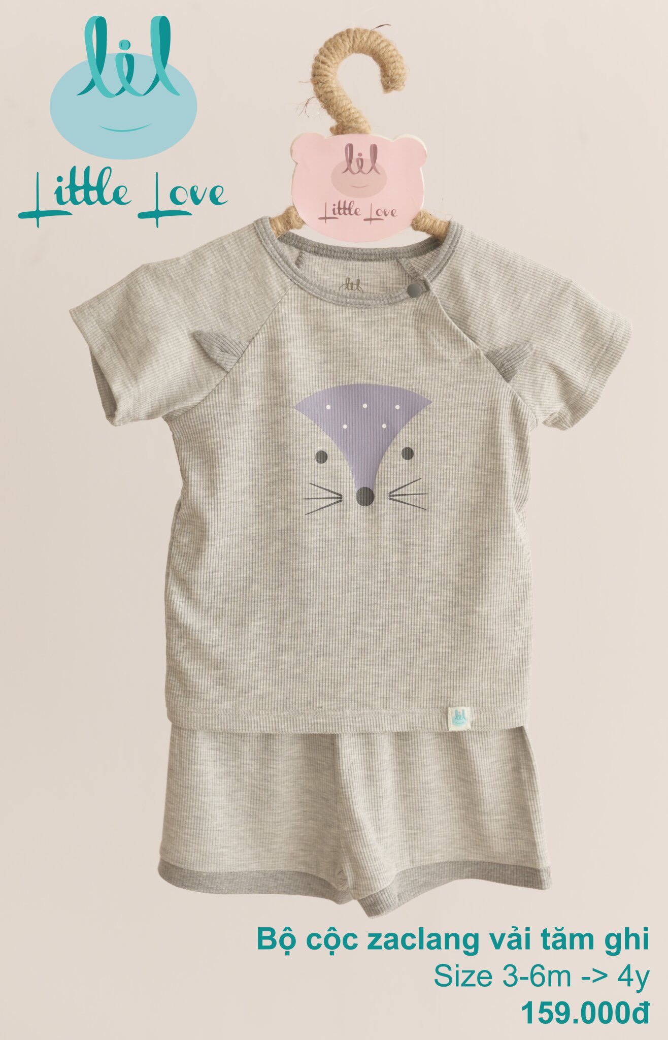 Bộ cộc tay cài vai zaclang vải tăm họa tiết trẻ em Little Love