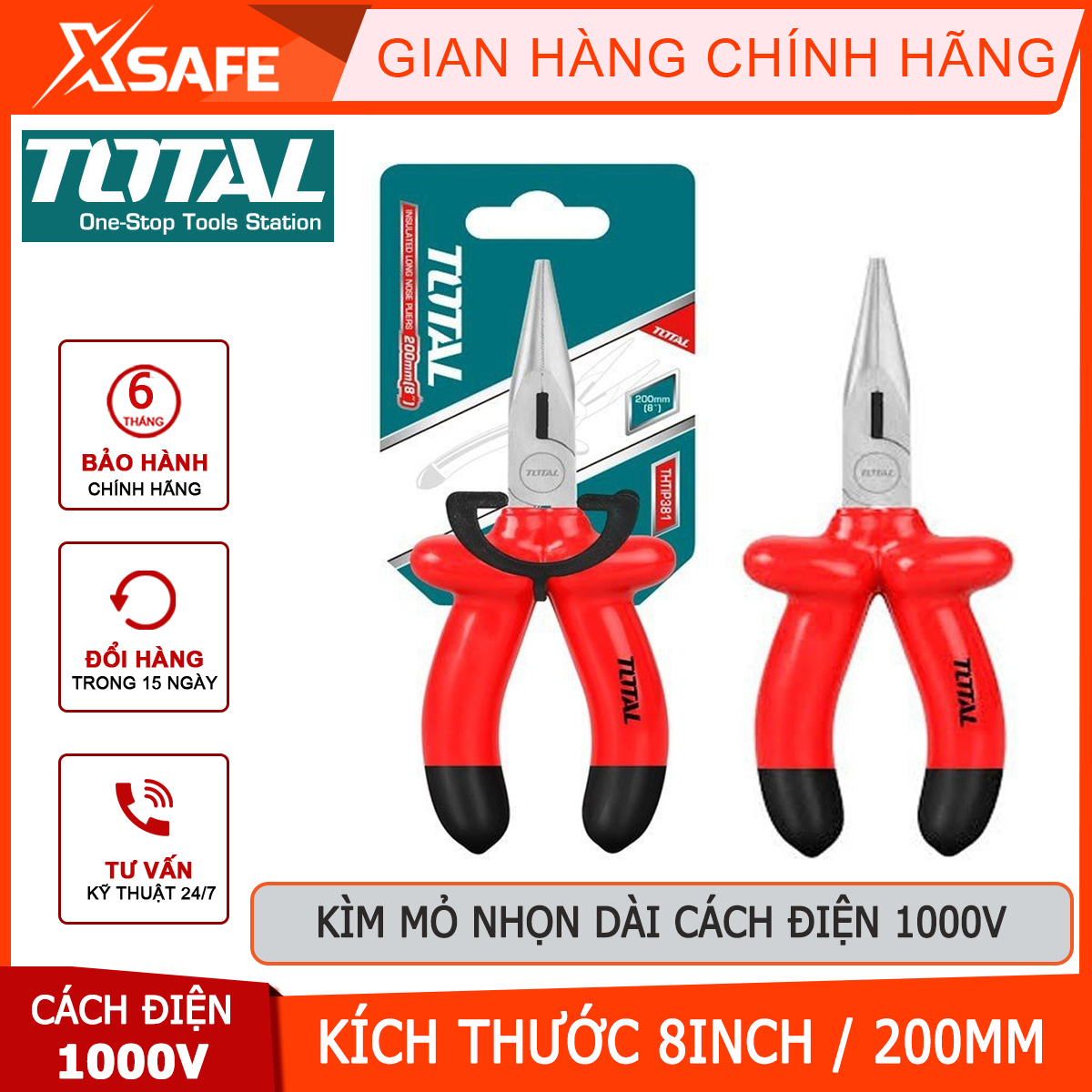 Kìm mỏ dài cách điện total thtip381 | kềm cách điện độ cách điện 1000v, tay cầm bọc nhựa cách điện, mũi kìm được làm bằng thép cr-v