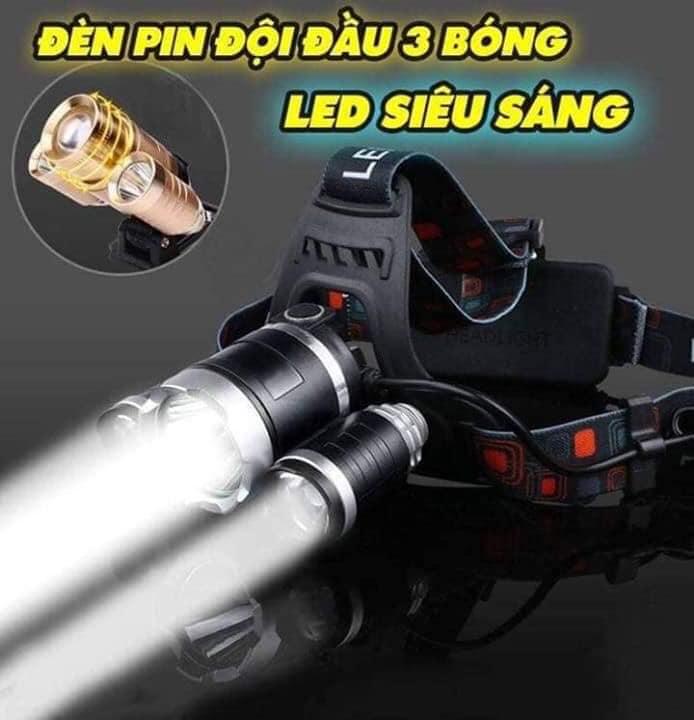 (CHUẨN) (BH 3 NĂM) Đèn pin đội đầu 3 bóng siêu sáng dùng 2 pin