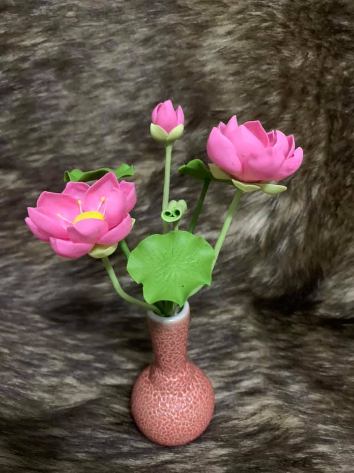 Bình hoa sen đất sét cổ cao hoa size mini L
