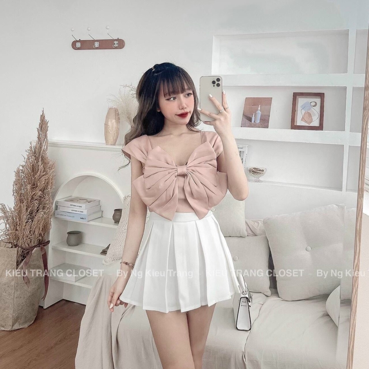 Sét áo nơ kèm chân váy , chân váy xếp ly trắng mix áo buộc nơ tiểu thư AD65
