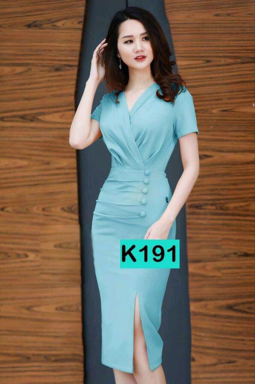 Đầm ôm body nhún viền ngực kết nút eo sang trọng th