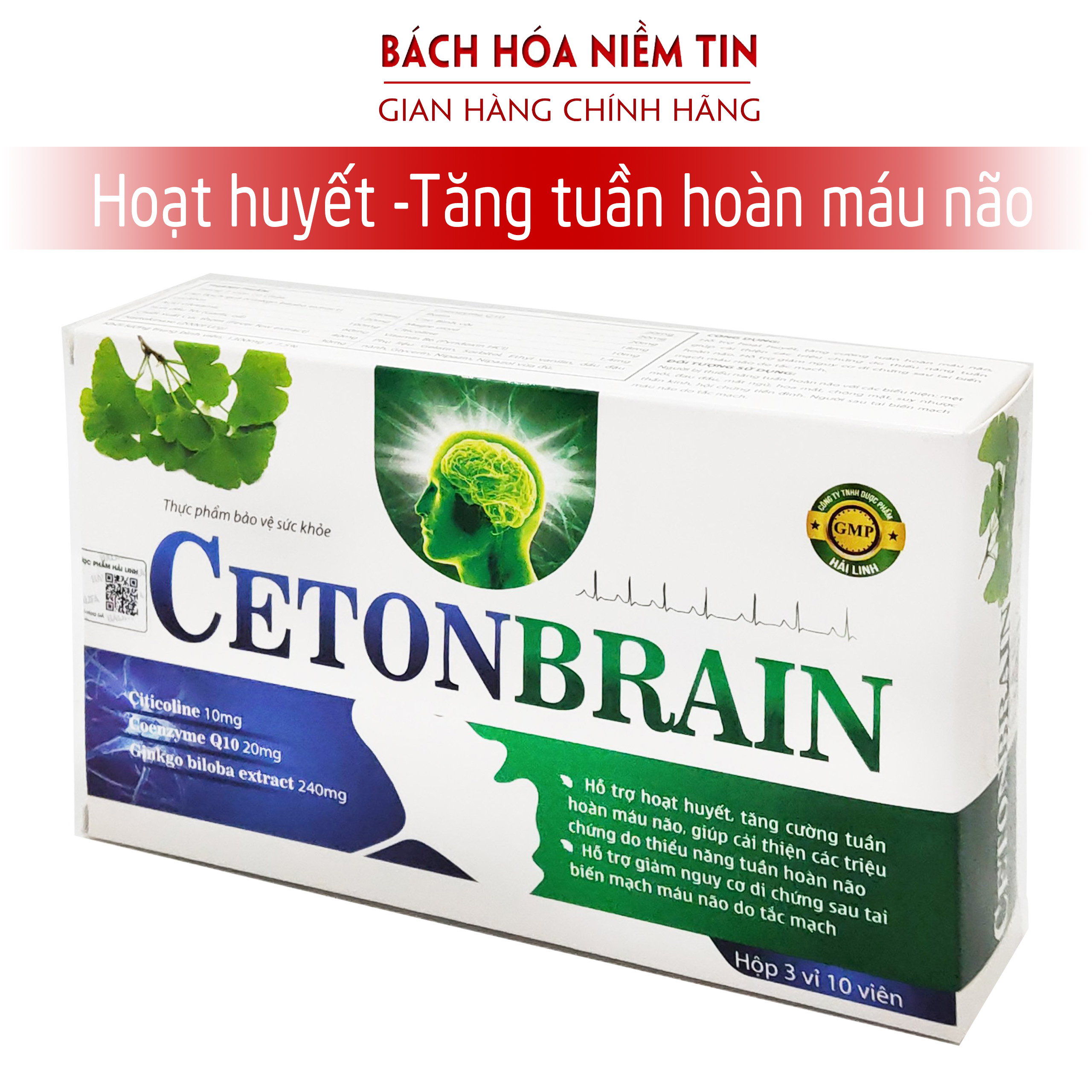 Viên uống bổ não CETON Brain - thành phần ginkgo biloba 240mg -  giúp hoạt huyết dưỡng não, giảm nguy cơ đột quỵ sau tai biến- Hộp 30 viên