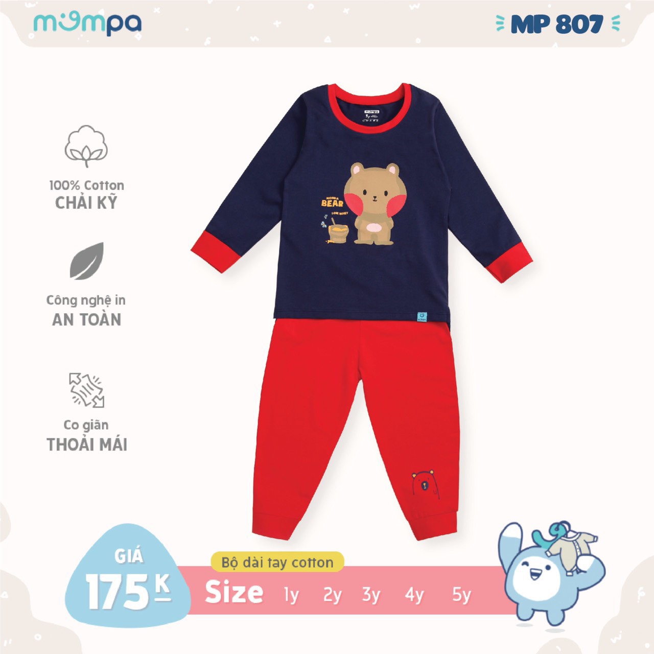 [Chính Hãng] Bộ dài tay cotton họa tiết động vật trẻ em MPA807 Mompa