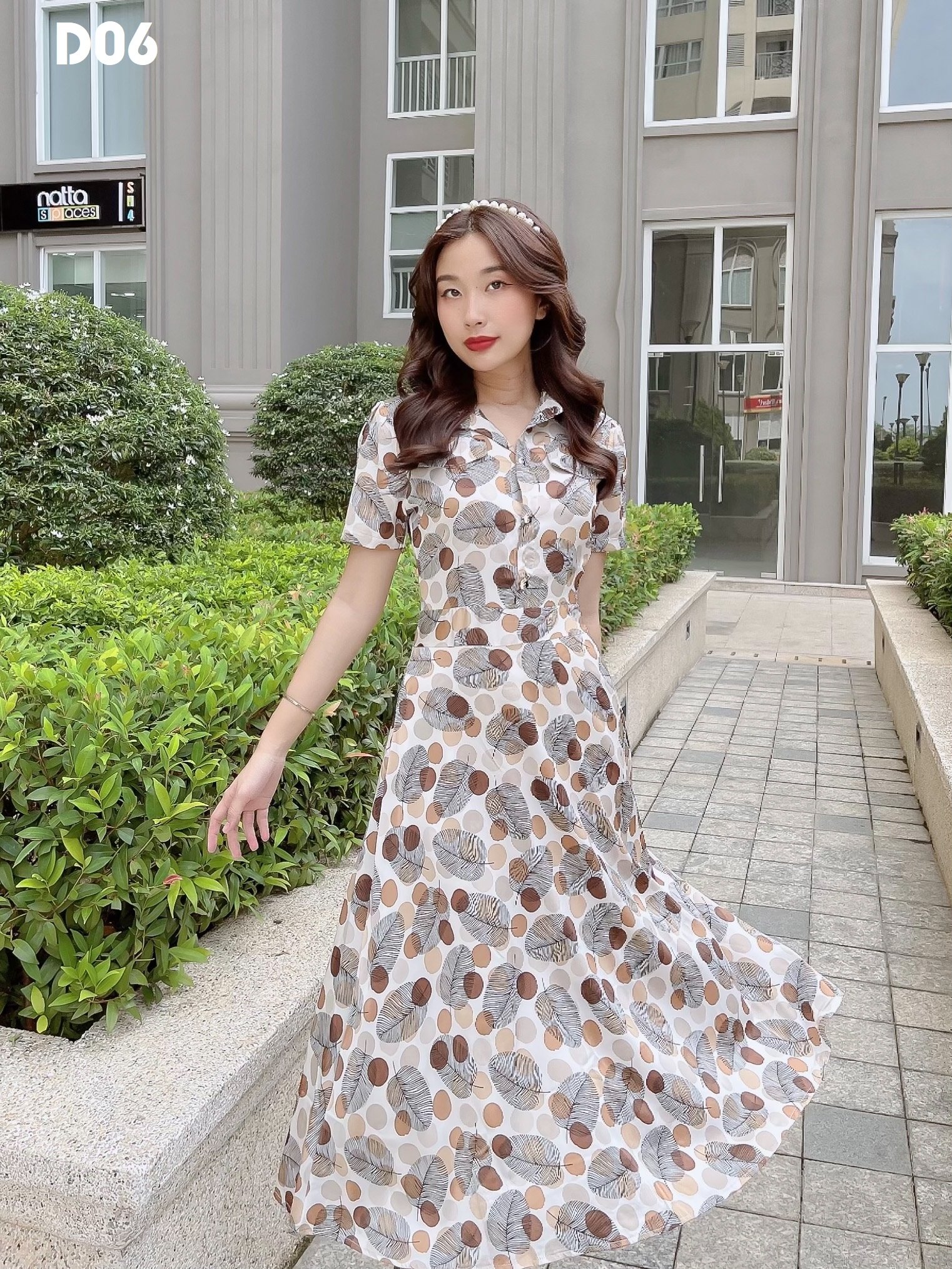 Đầm xoè lụa hoa vintage cổ sơ mi D06
