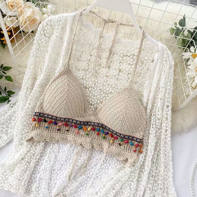 Áo bra đan móc tua rua ngọc