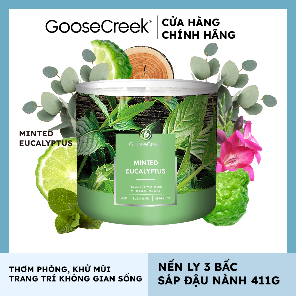 Nến ly 3 bấc sáp đậu nành Goose Creek (411g) - Minted Eucalyptus