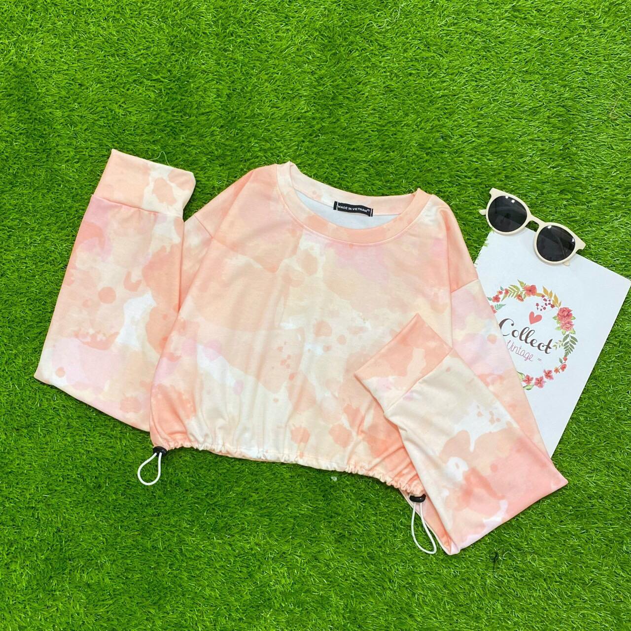 Áo Croptop Loang Màu 3D Ulzzang Rút Dây Tay Dài Dáng Rộng - MM