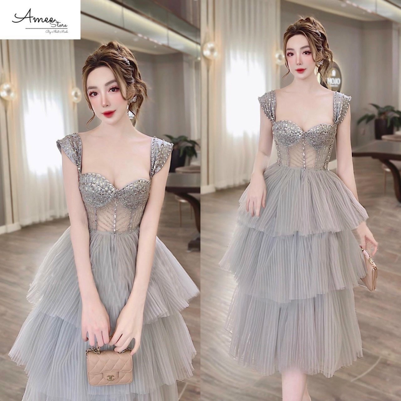 Đầm dự tiệc xếp tầng lưới dập ly TRIPBLE T DRESS - size M/L - MS309V