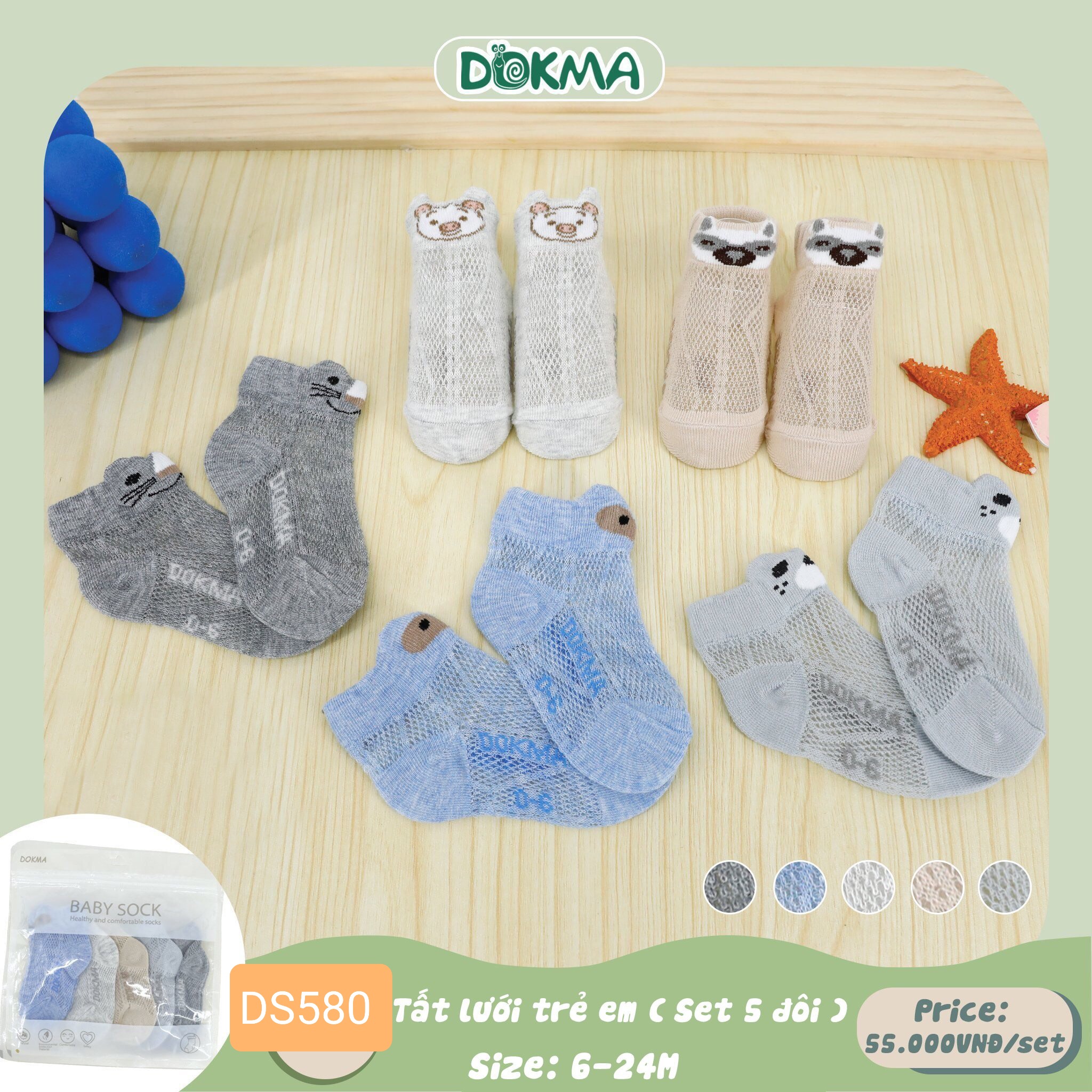 Tất lưới sơ sinh Dokma set 5 đôi dùng 4 mùa (0-12m) (DS580 - DS581)