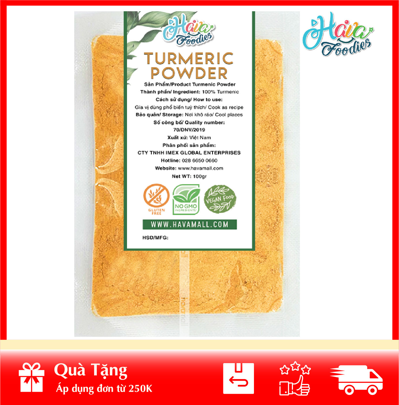 Bột Nghệ Thương Hiệu Hava Foodies Gói 100g – Turmeric Powder
