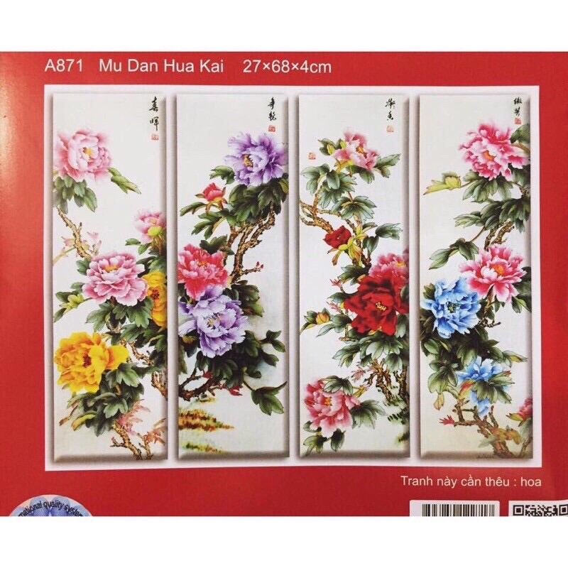 Tranh thêu chữ thập hoa mẫu đơn 4 bức a871/ 27x68 / chưa thêu