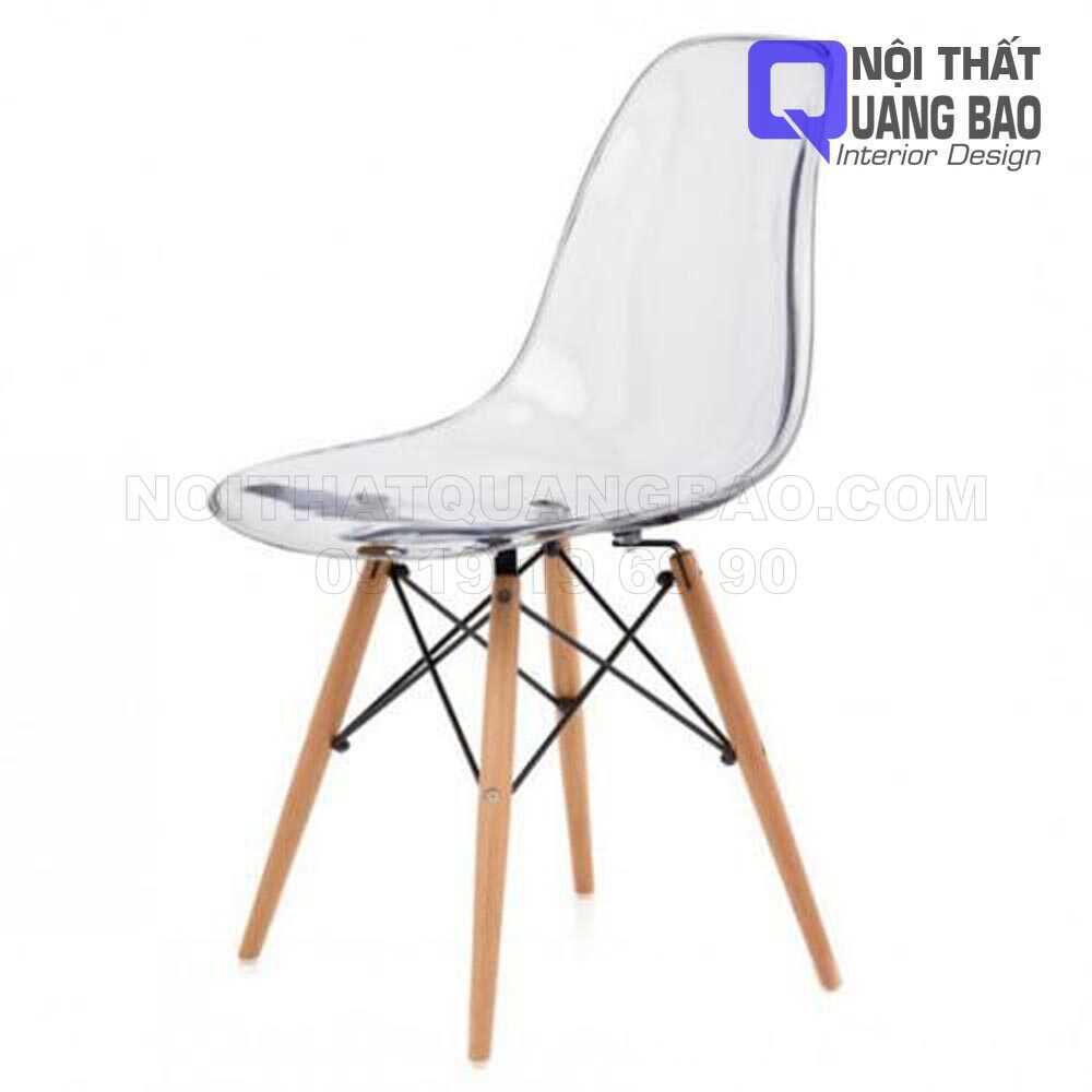 Ghế eames lưng nhựa abs trong suốt cao cấp chân gỗ beech giằng sắt sơn tỉnh điện