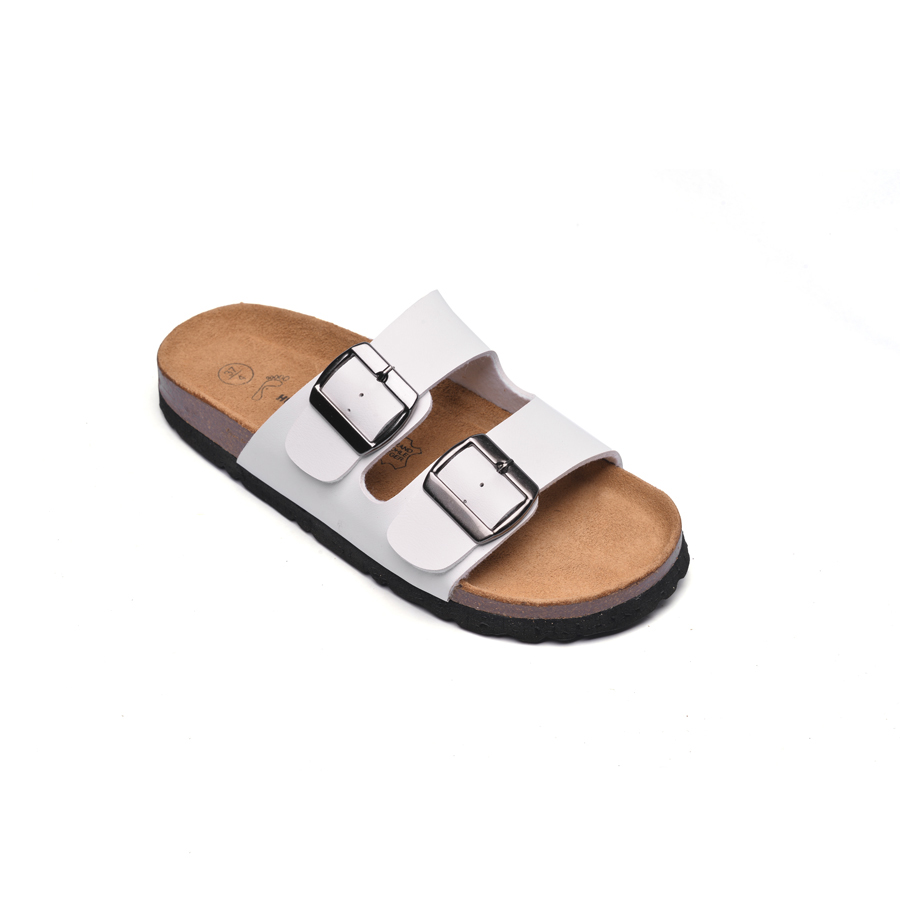 Dép đế trấu nữ 2 khóa da pu trắng