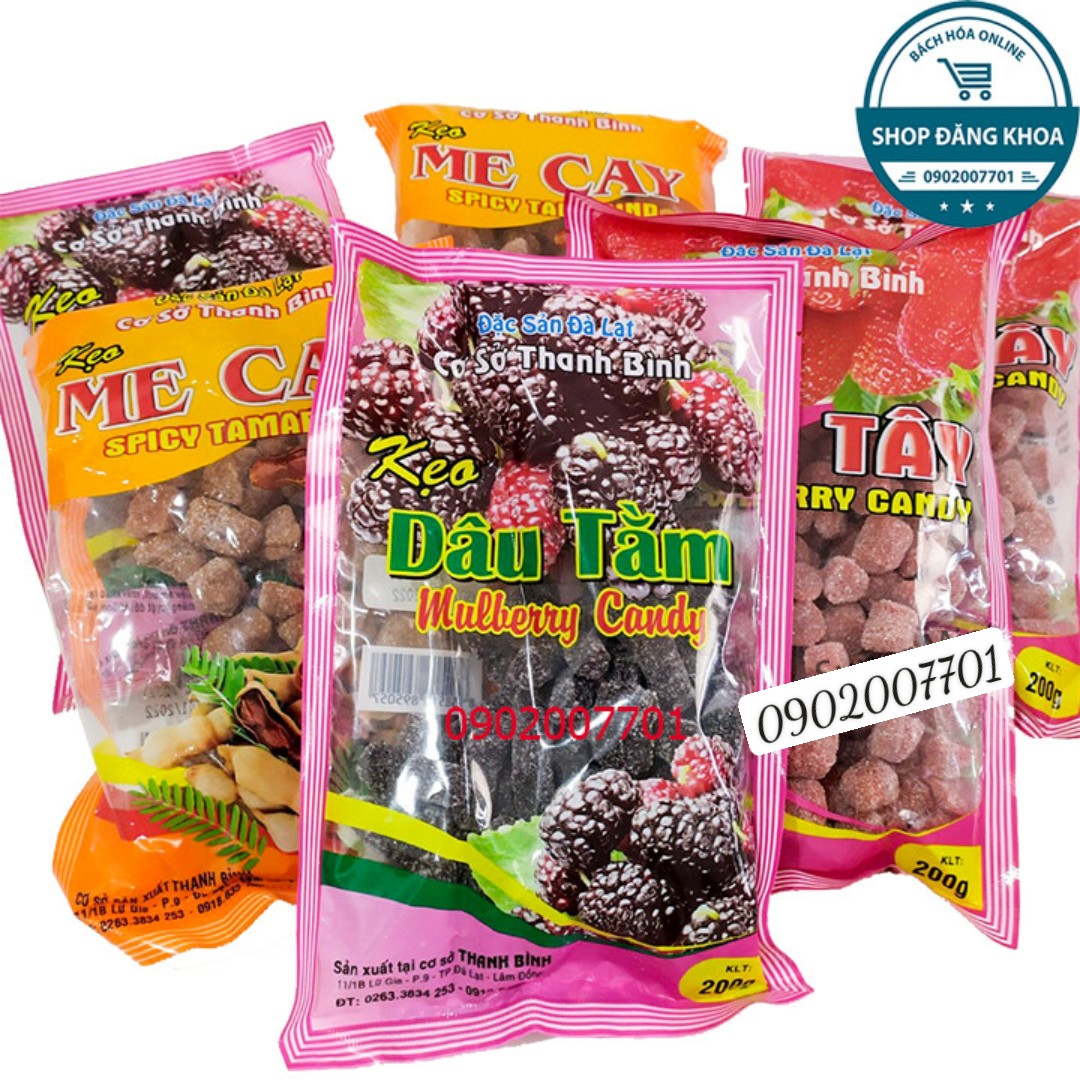 Kẹo mứt dâu tằm - dâu tây - me cay gói 200g - Đặc sản Đà Lạt - bánh kẹo ăn vặt ngon