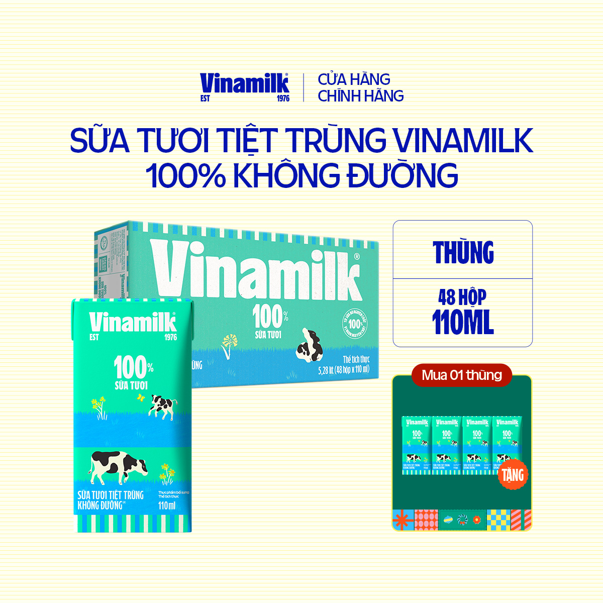 Thùng 48 Hộp Sữa tươi tiệt trùng Vinamilk 100% Không Đường 110ml