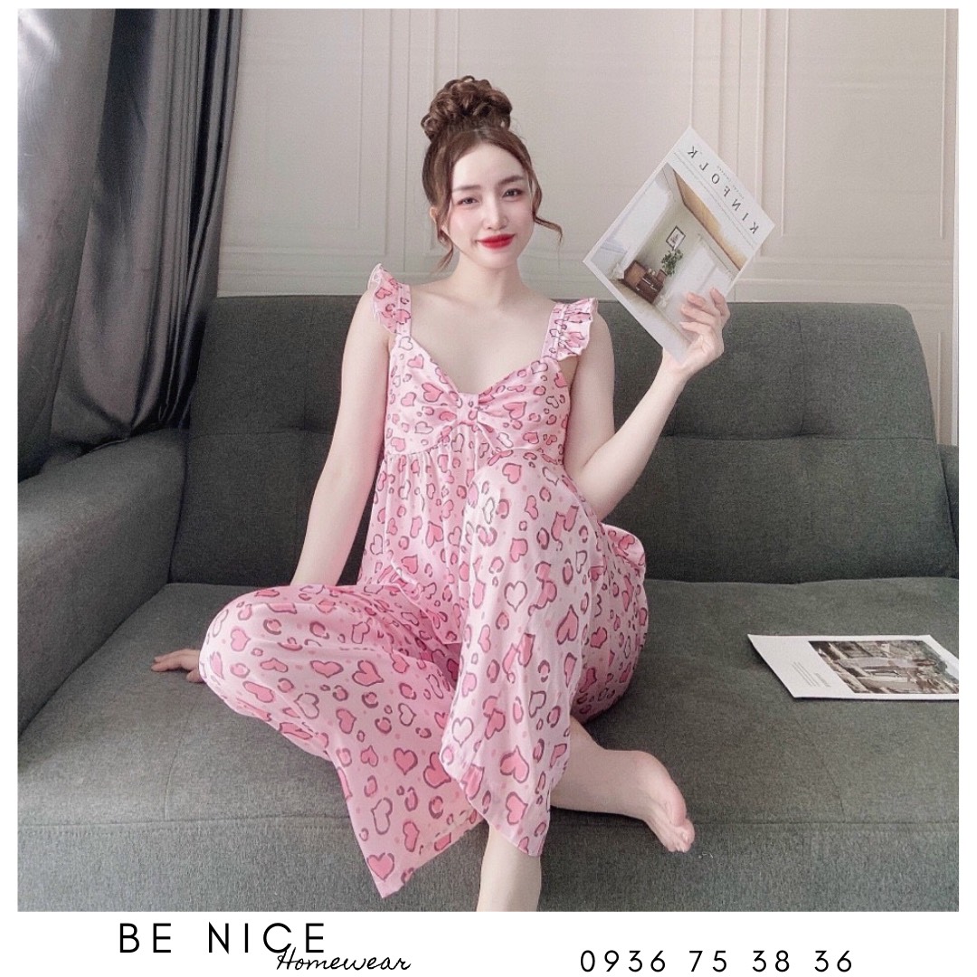 Set lụa dài mặc nhà nơ tay cánh tiên