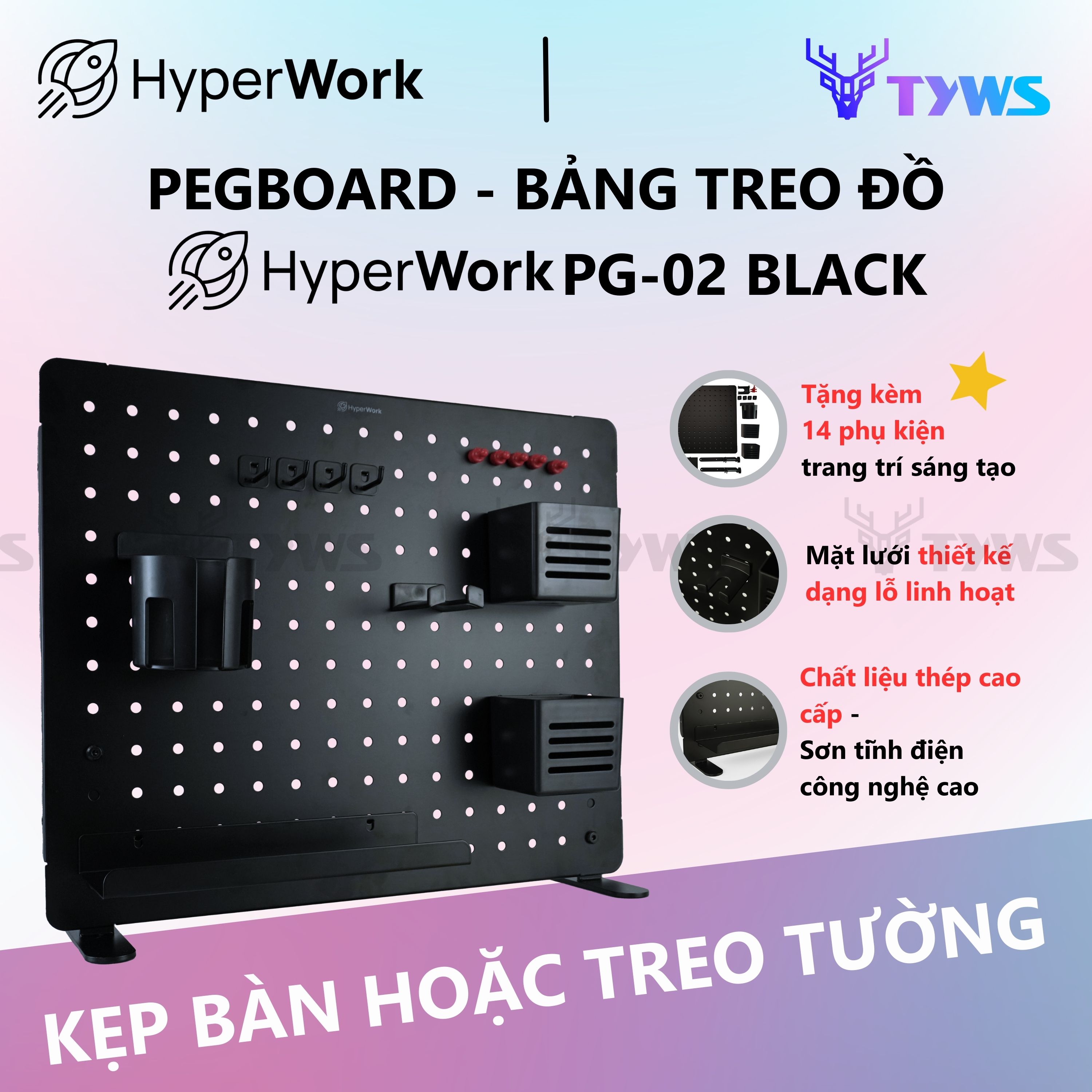 Bảng treo đồ Pegboard HyperWork PG-02 Đen HPW-PG02-Black