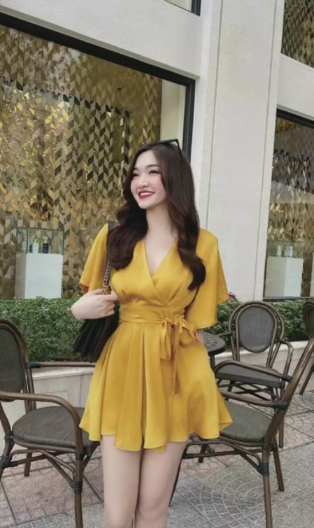 Đầm cổ V tay cánh dơi cột nơ eo có lót trong chất lụa satin cao cấp