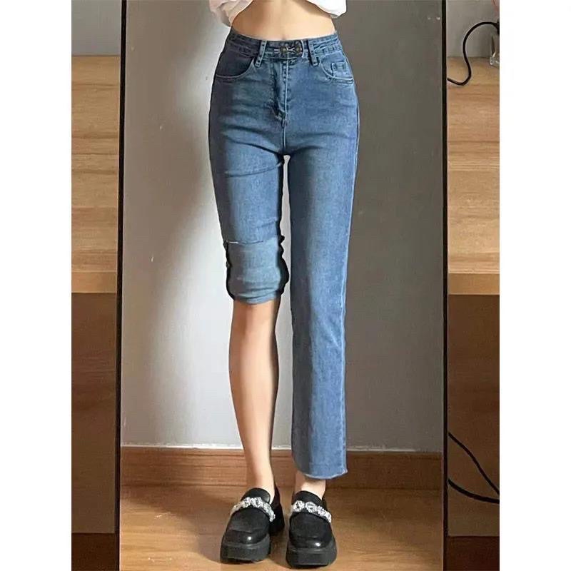 Quần jean xanh ống đứng basic dáng ngắn