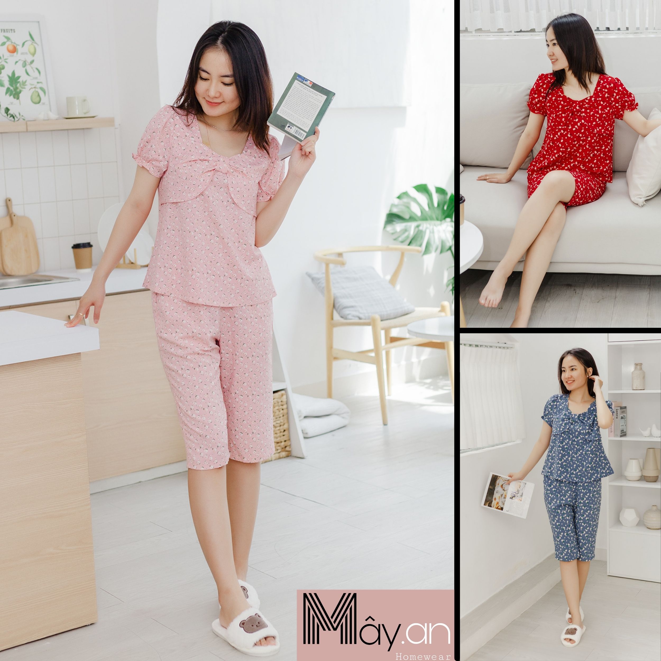 Đồ mặc nhà MÂY áo cổ nơ quần dài lụa Nhật