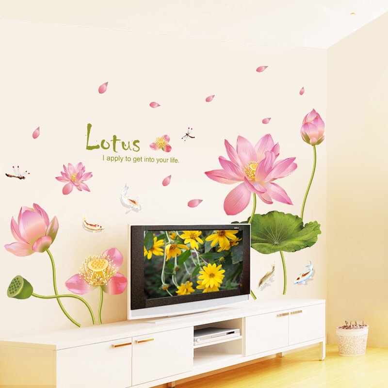 Decal dán tường sen hồng cánh to.