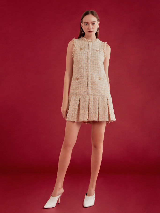 COCO SIN - Đầm Tweed Gold Đính Nút