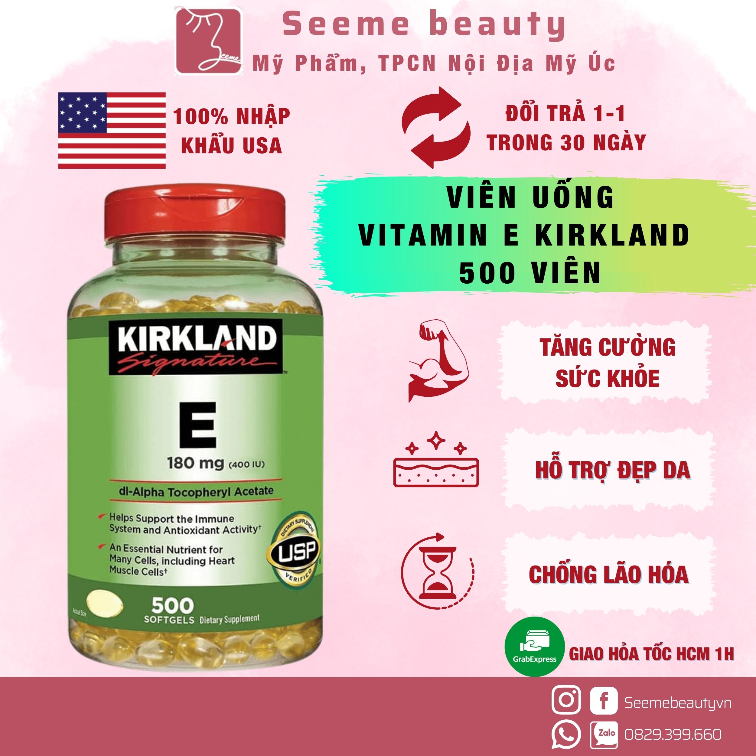 Bill Mỹ Vitamin E Kirkland 500 Viên Chính Hãng Mỹ SeeMe Beauty VA-014