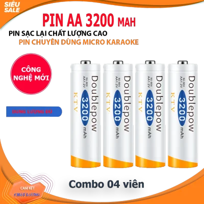 Hộp 4 viên Pin sạc lại AA 3200mAh - pin chuyên dụng Micro Karaoke dung lượng thực Doublepow (màu trắng cam)