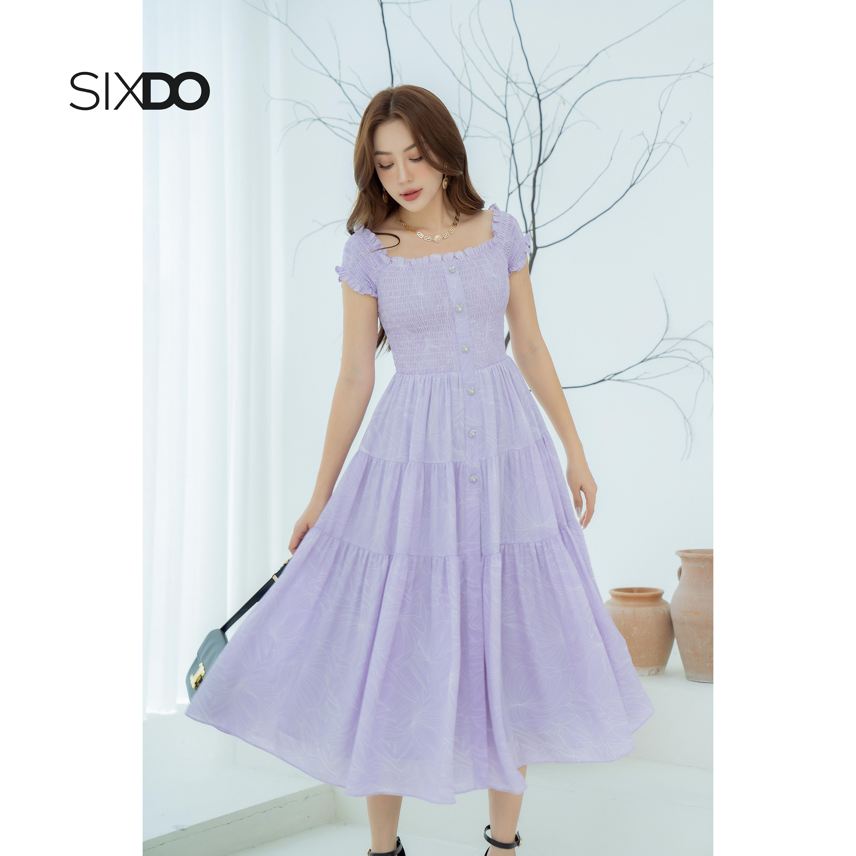 Đầm hoa chiffon midi SIXDO (Floral  Midi Chiffon Dress)