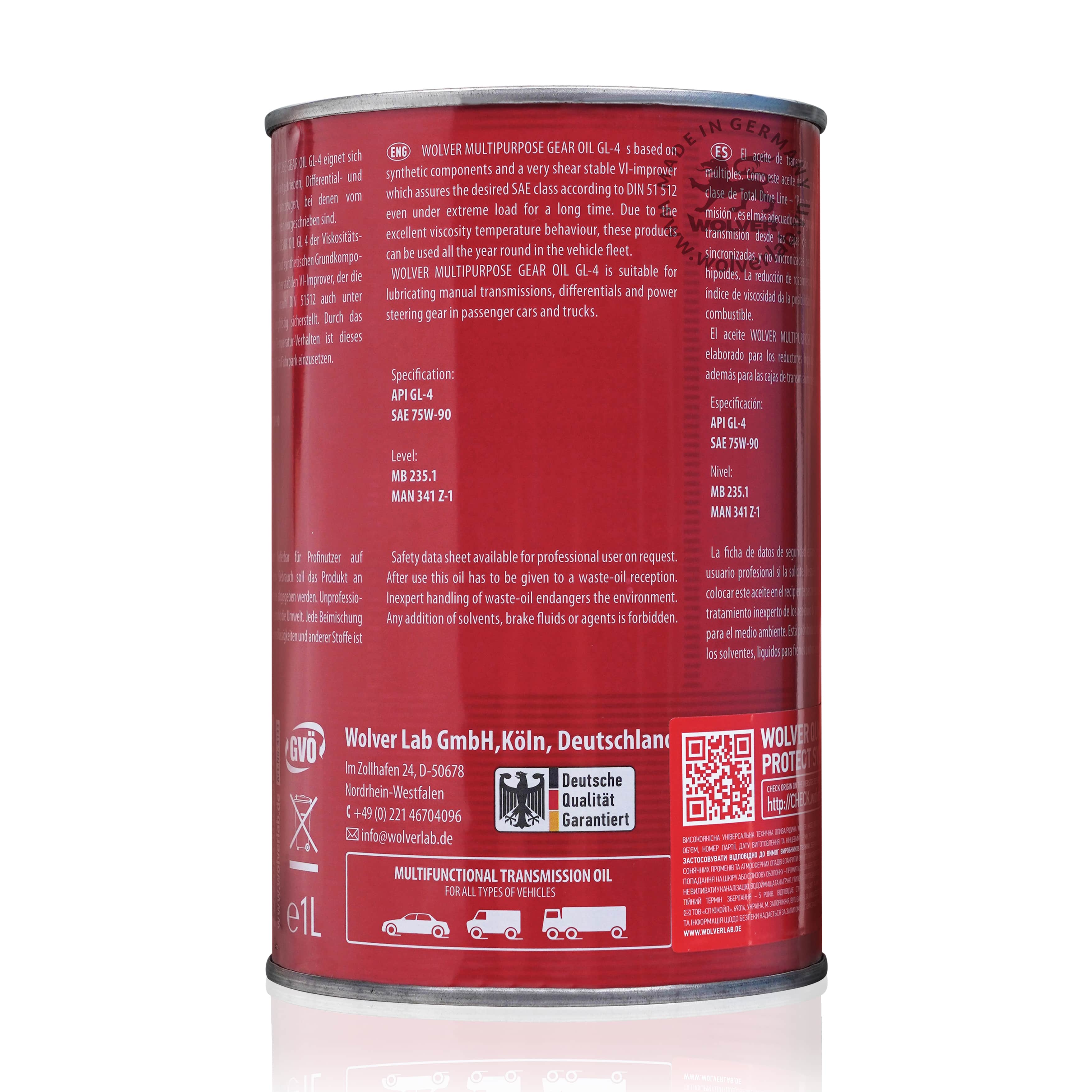 [HCM]Nhớt láp (hộp số) Wolver Gear Oil 75W90 1L GL-4