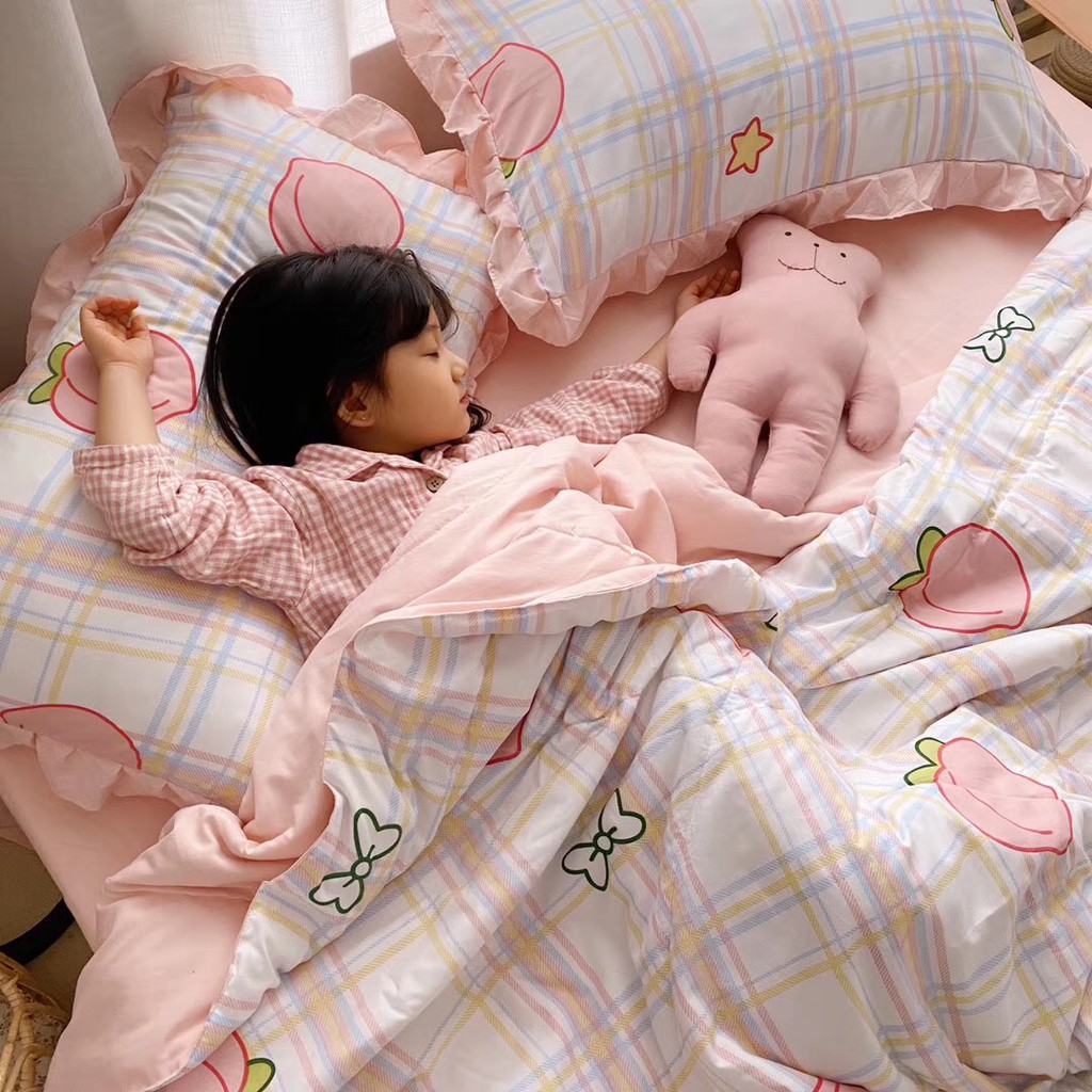 Bộ Chăn Ga Gối Cotton Đũi ( Chần Mền Hè) Quả Đào