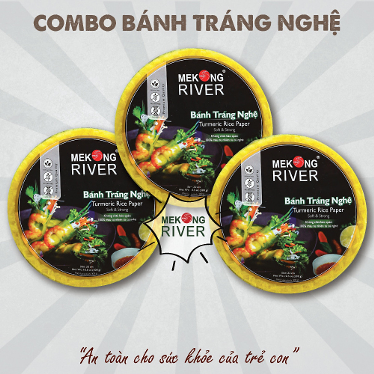 Combo 3 gói Bánh Tráng MeKong River Nghệ - 22cm