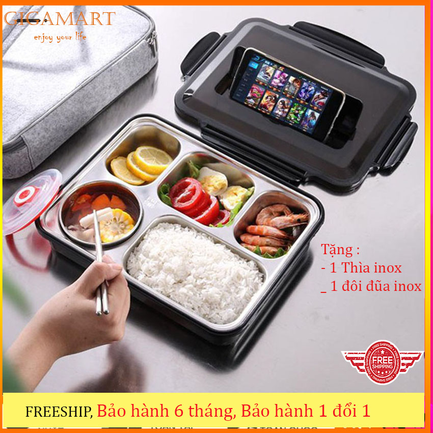 Hộp đựng cơm văn phòng 5 ngăn inox 304 giữ nhiệt có quai xách ( kèm thìa + đũa), có giá đỡ điện thoại đi kèm - Gigamart