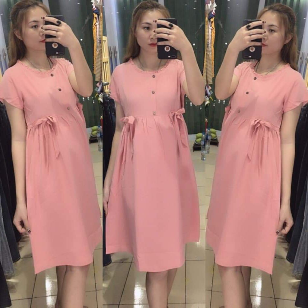 Đầm bầu xinh thời trang thiết kế kẻ sọc màu đỏ mùa hè-  Váy bầu giá rẻ