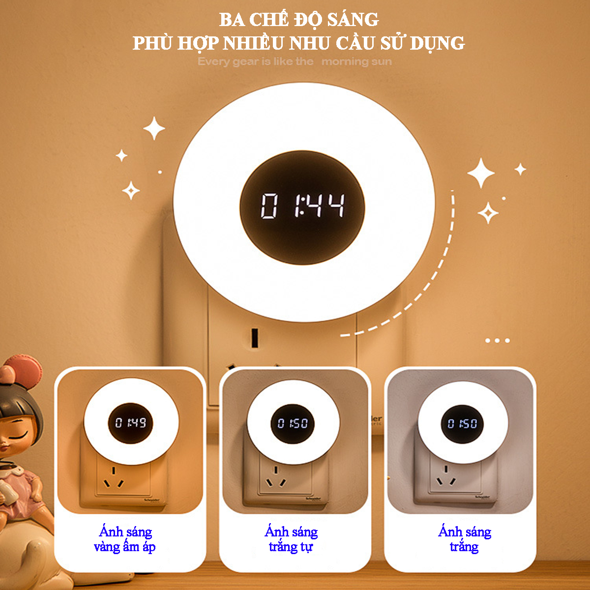 Đèn ngủ điều khiển từ xa hình tròn tích hợp đồng hồ xem giờ ánh sáng 3 màu, điều chỉnh tăng giảm độ sáng 10 cấp độ