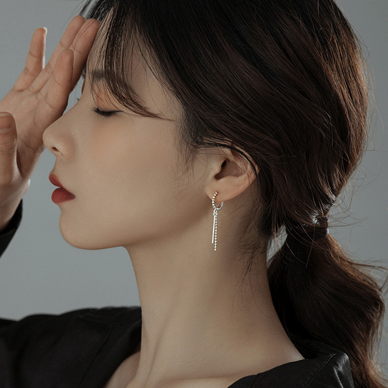 s925纯银几何链条耳环女2021年新款潮耳钉夏小众设计耳圈气质简约