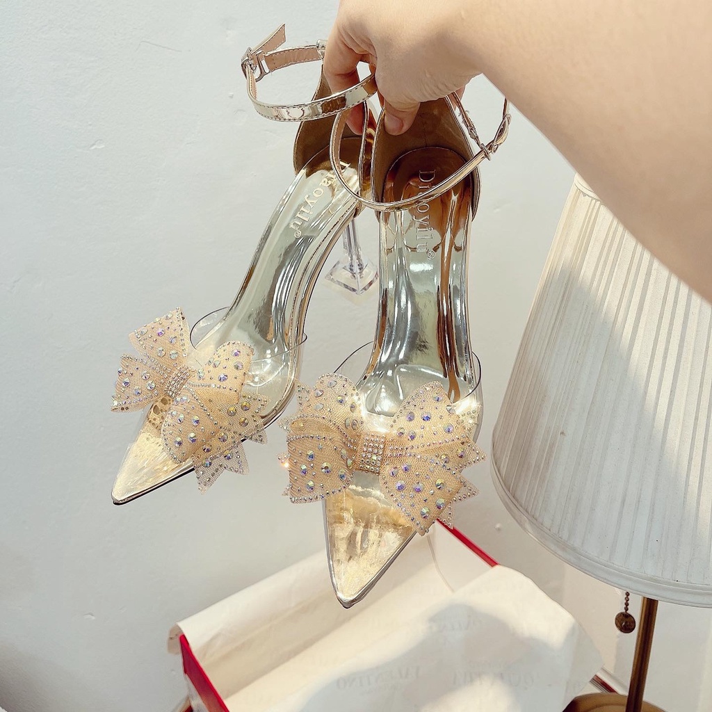 Giày cao gót nữ mũi nhọn đính đá nơ cực xinh cao 9p KH09