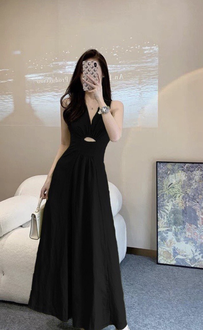 Đầm maxi dáng dài cổ V chất linen siêu mát