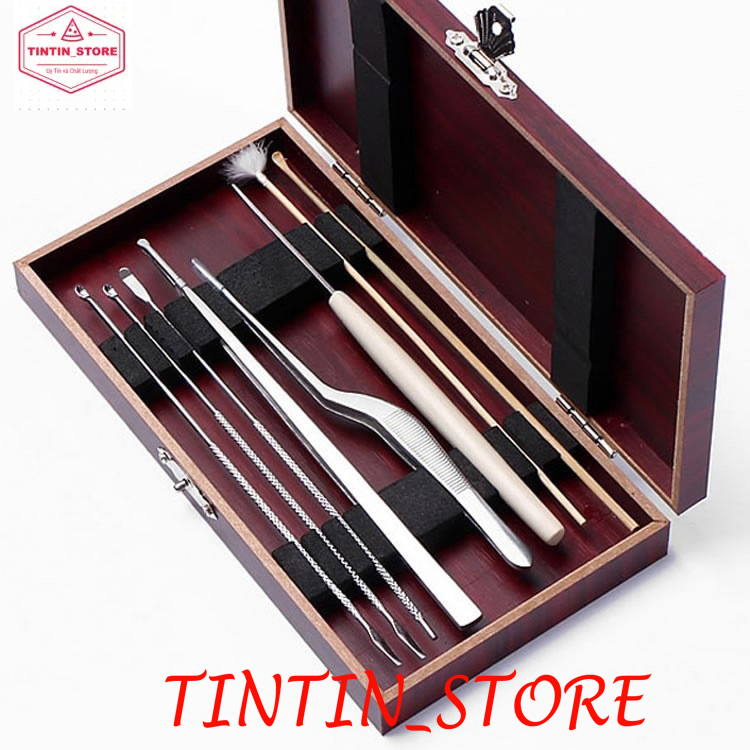 Dụng cụ lấy ráy tai 08 món cao cấp, nhíp lấy ráy tai, bộ ngoáy tai hộp gỗ chuyên nghiệp